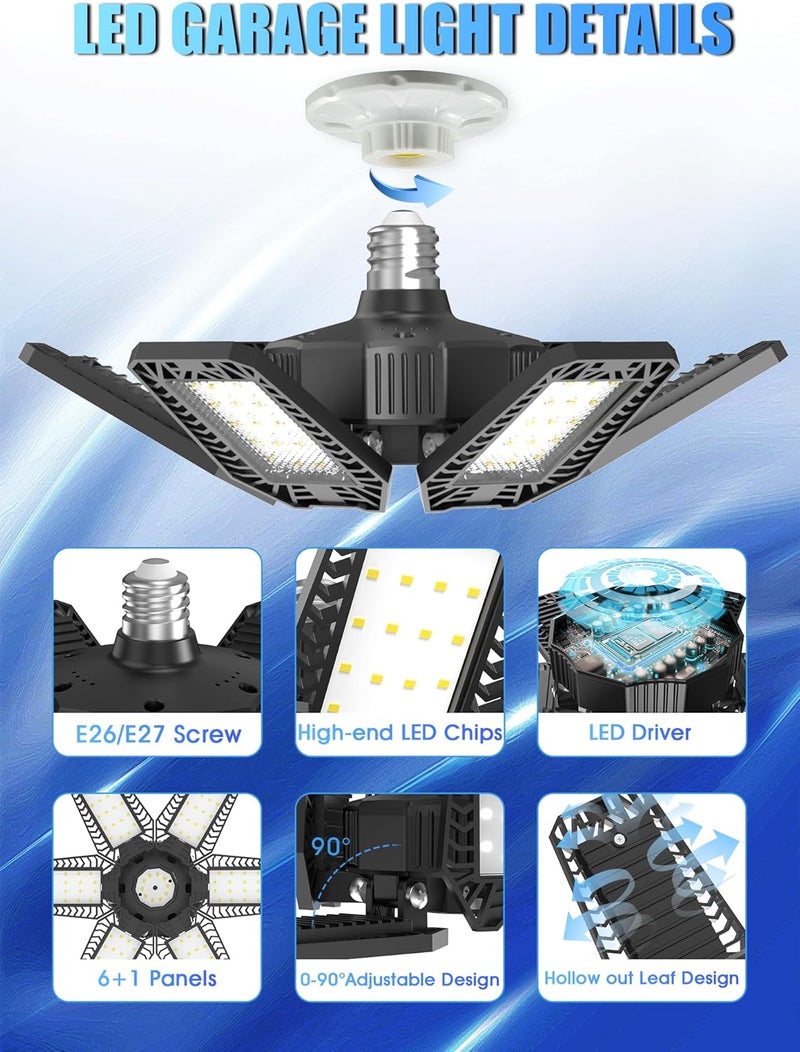 HAPYLUMI LED Garage Lights 4 Pack - 180W 18000LM Garage Ceiling Lights 6500K Daylight with 6 Adjustable Panels, Screw in E26/E27 Bulb Socket Lighting for Shop Workshop Barn Basement - Image 2